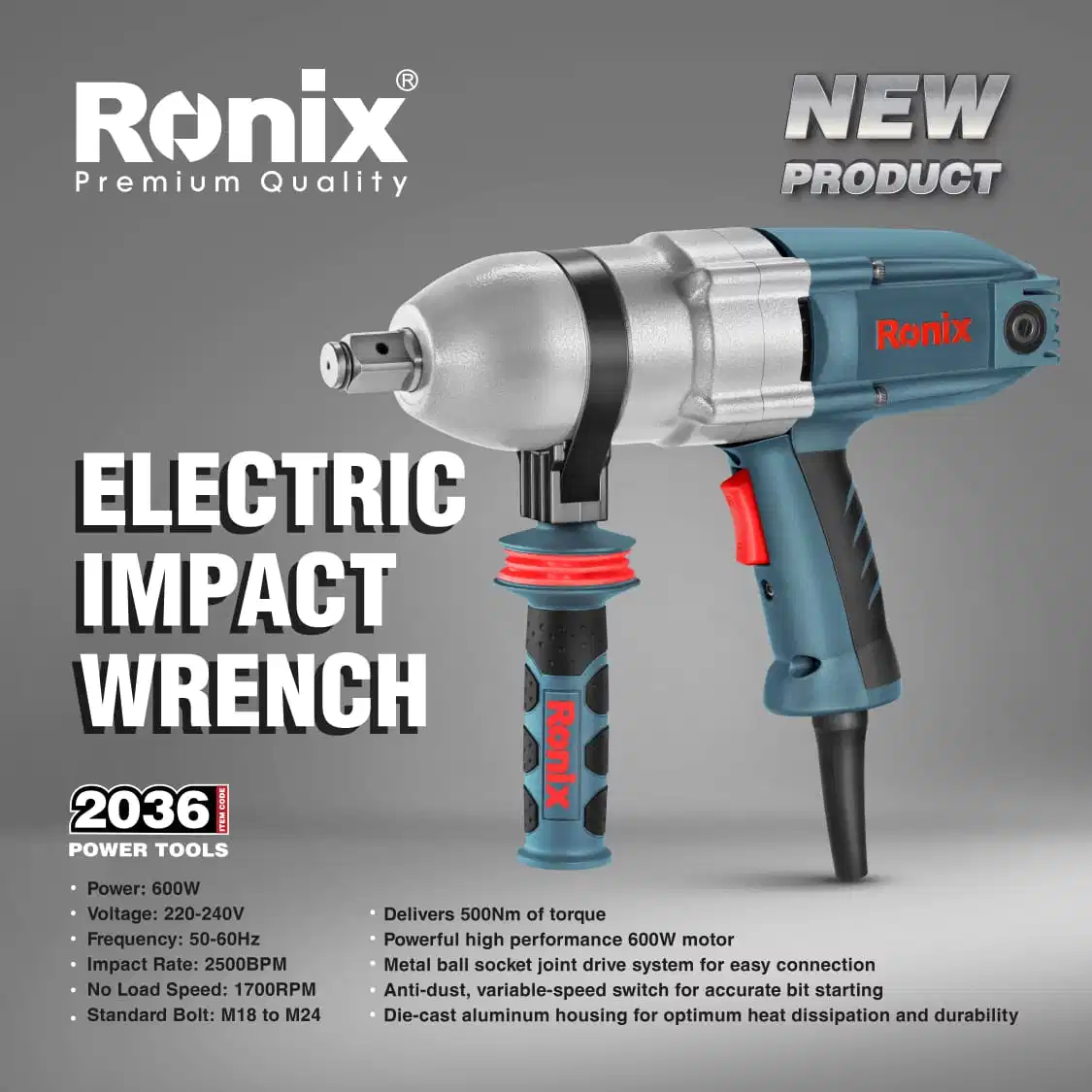 Llave de encendido 2036 Ronix potente par hacer traje profesional para obtener más tareas industriales para servicio pesado llave de impacto