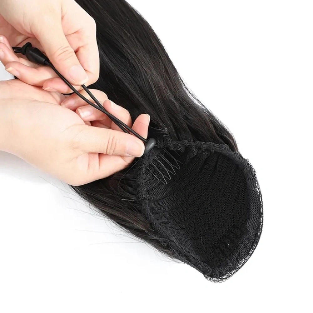 Unprocessed Straight Drawstring Human Hair Ponytail Clip in Extension Full Brazilian Black Colors Active Market