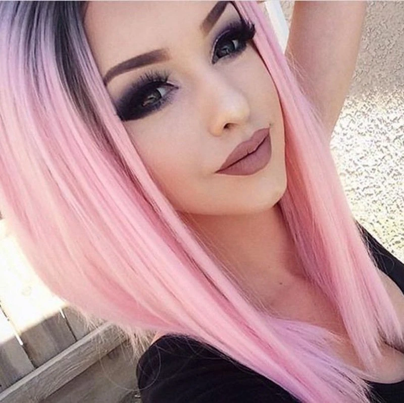 Gradient Straight Hair Wig Pink Hair