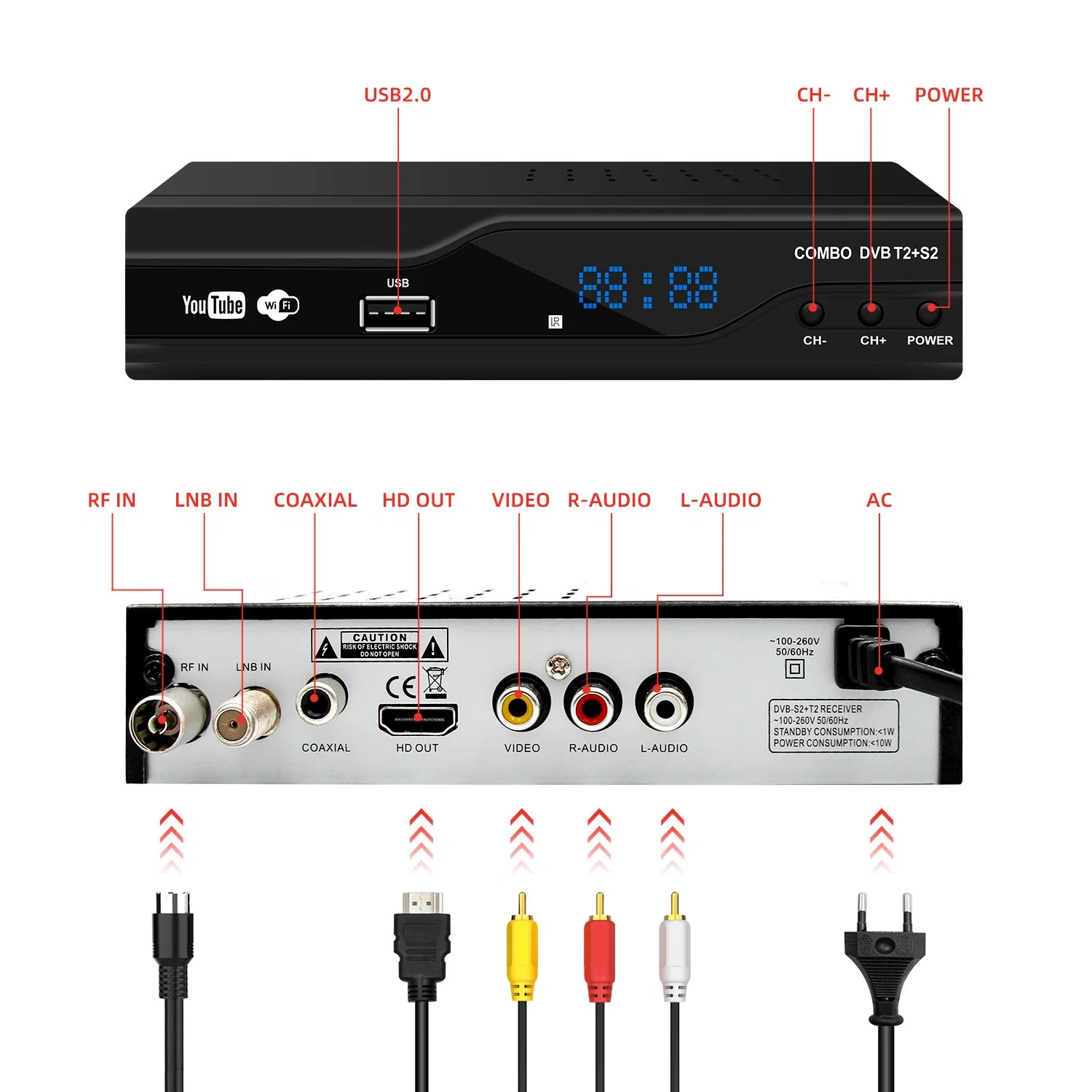 Professional DVB-T2 y DVB-S2 Combo satélite digital Full HD 1080P del receptor de DVB-T2/S2 Decodificador.