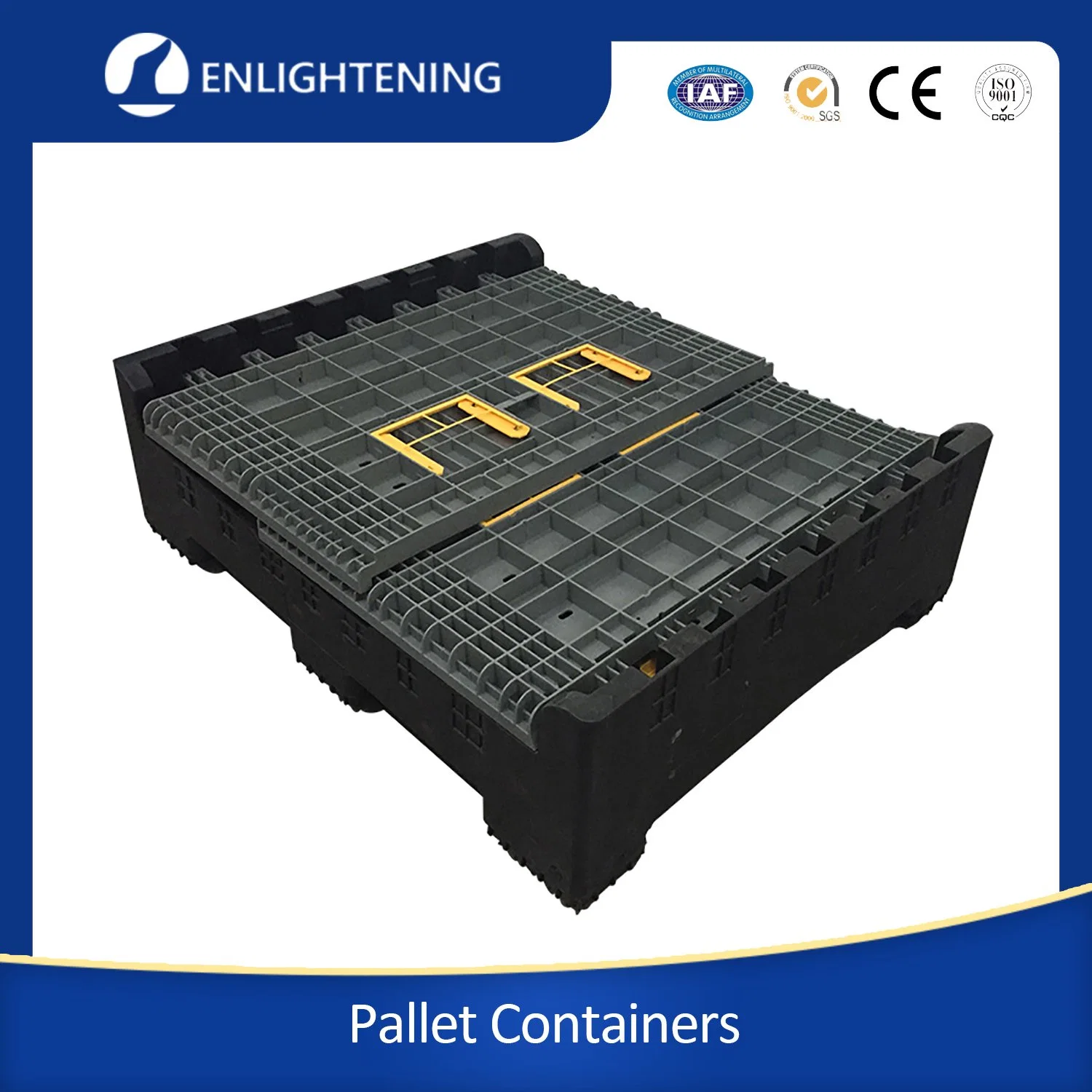 Bac de palette en plastique pliable/pliant/collapsible résistant sur mesure pour entreposage en entrepôt industriel de grande taille en HDPE pour pièces automobiles/logistique.