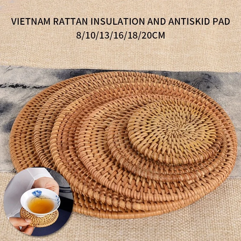 Round Natural Rattan Coasters Bowl Pad Handmade Insulation Placemats Table Cupmats Kitchen Coasters