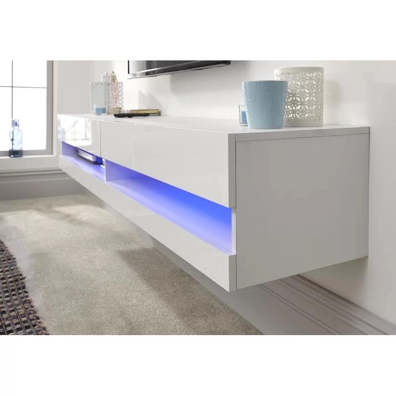 Moderno barato Blanco madera MDF estilo moderno soporte de TV con Luz LED azul