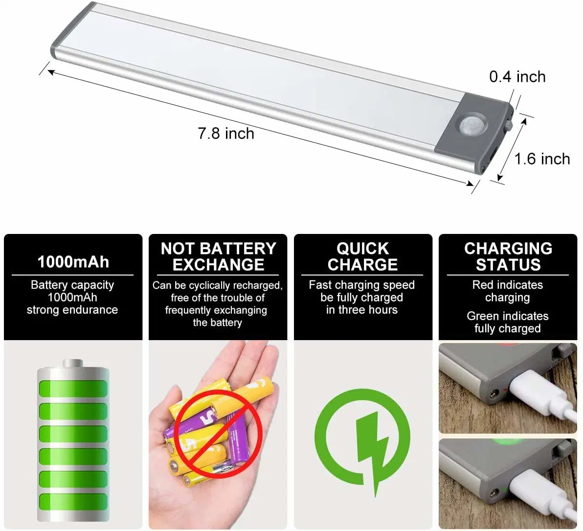 LED de alimentación de batería recargable USB sensor de movimiento Luz del armario