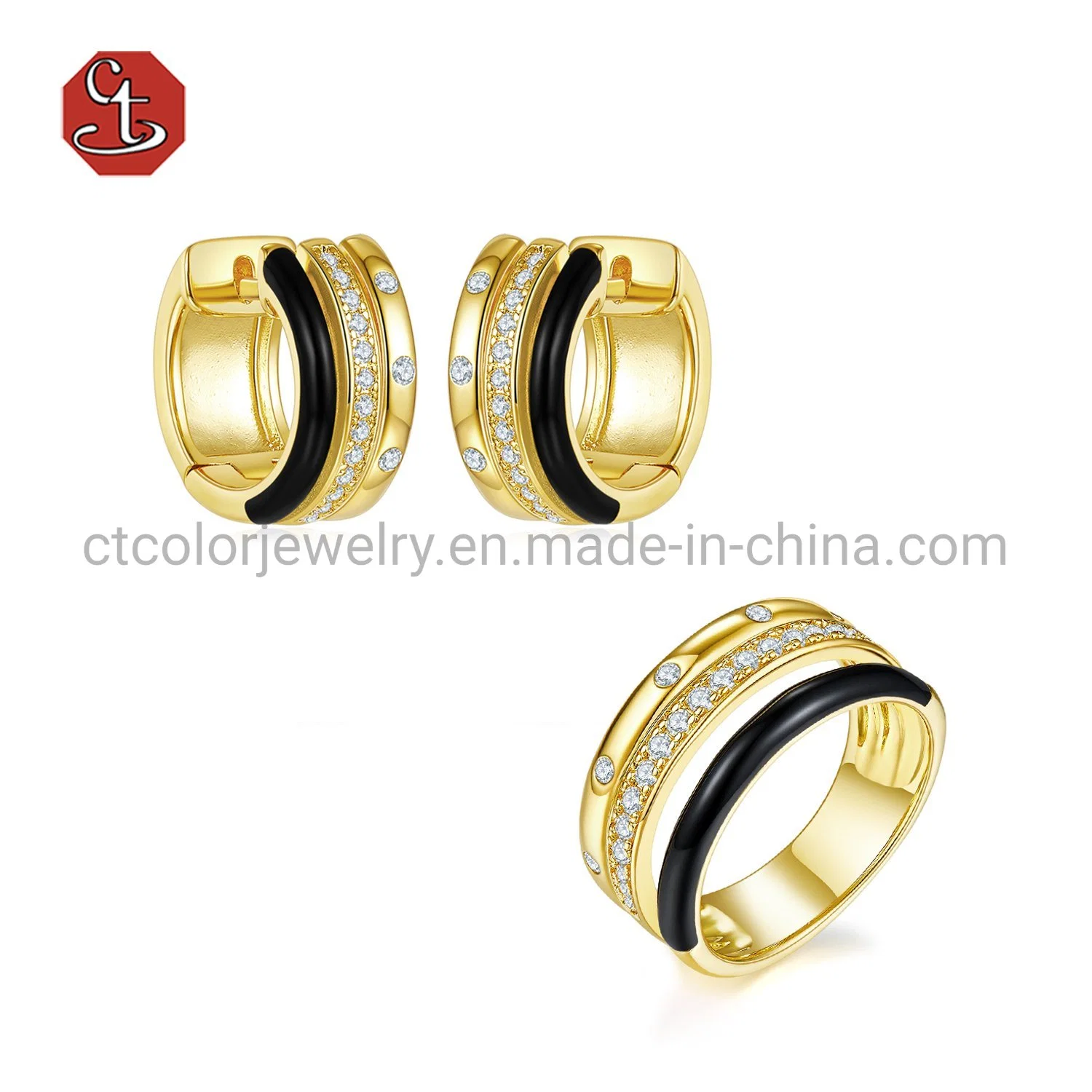 cz Black Enamel Silver or Brass Ring Gold Color Custom Enamel Jewelry