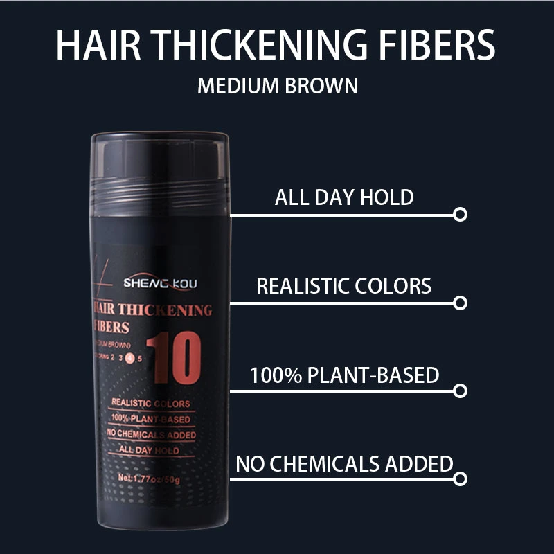 OEM Private Label 50g Medium Brown 100% pflanzlicher Clump-proof Keratin Haar Gebäude Fasern Pulver