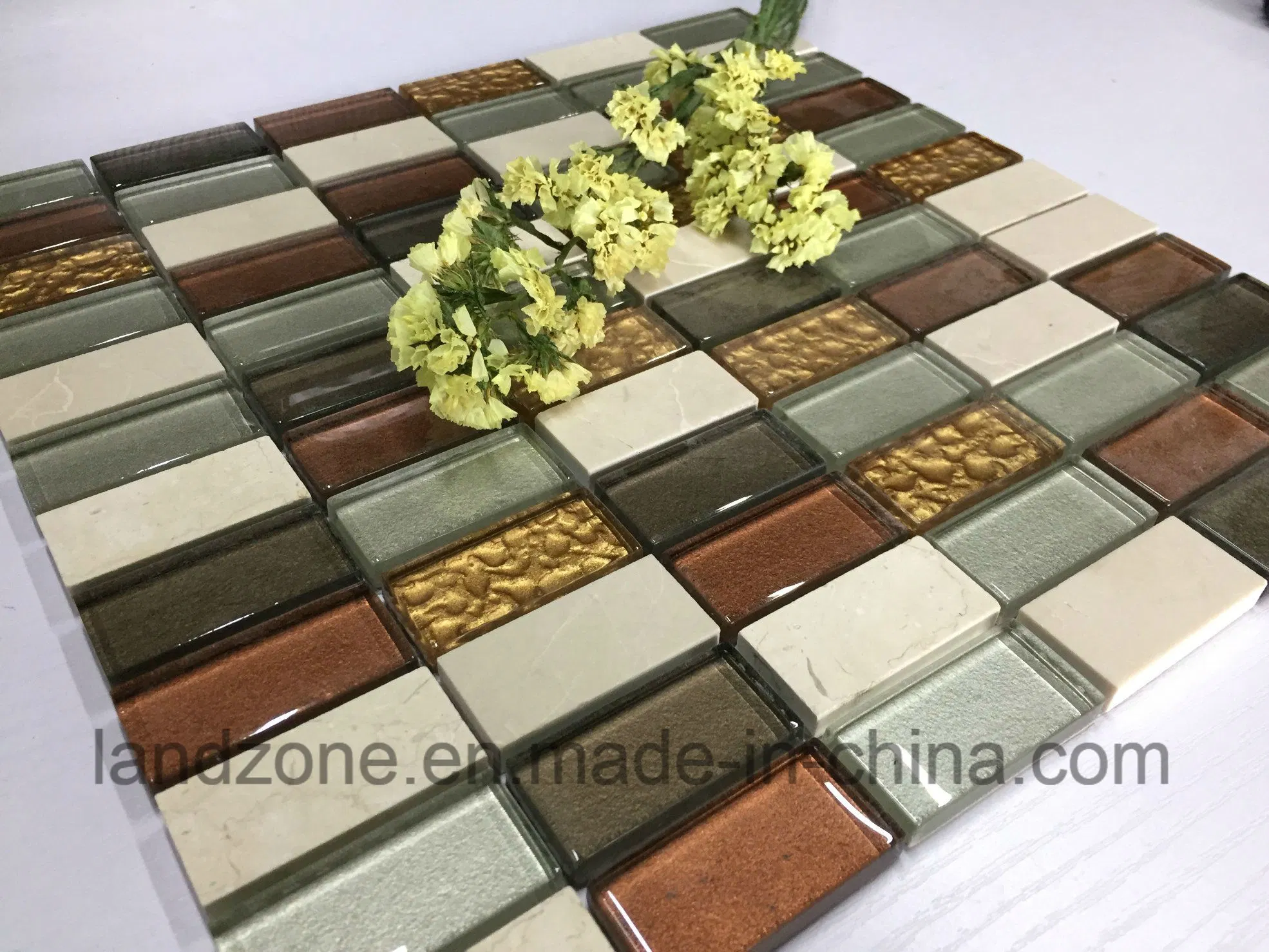 Factory Colorful Design Fashion Black Splash Glass Mix Stone Wall Mosaic Tile