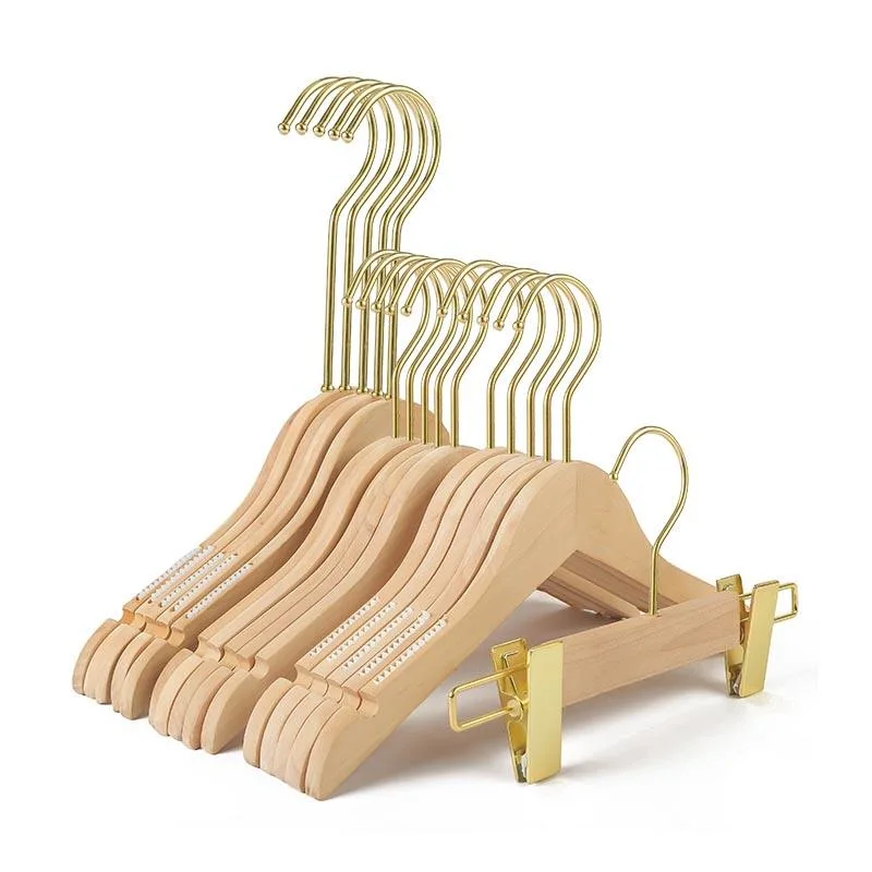 Factory Shop Display Luxury Wooden Pants with Golden Clamps Hanger