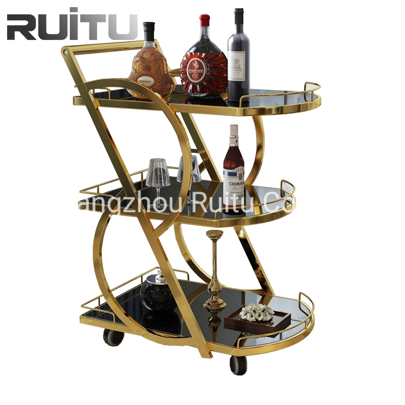 Luxus Gold Silber Metall Edelstahl Glas Tee Wein Essen Catering Getränke Serving Trolley Bar Cart für Hotel Restaurant Wedding Party