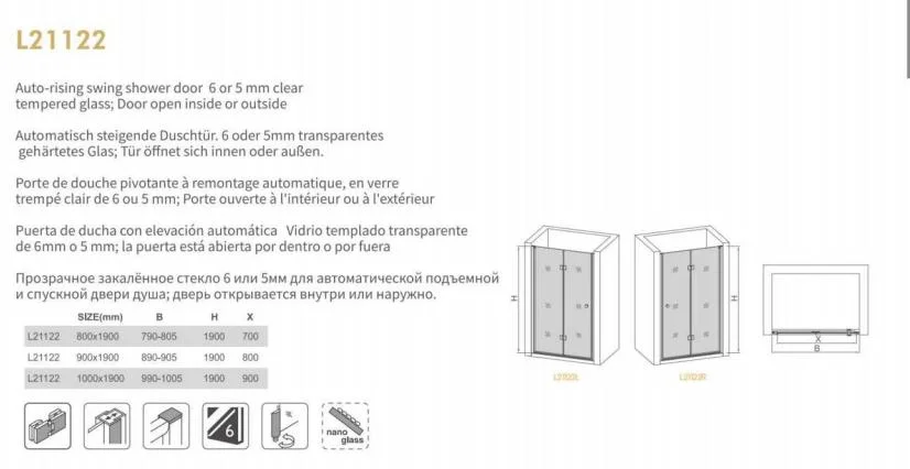 Auto-Rising Swing Shower Door with 5/6mm Tempered Glass (L21122)