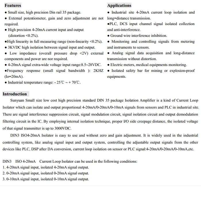 Pequeño tamaño DIN3 4-20 mA circuito aislador Bucle de corriente