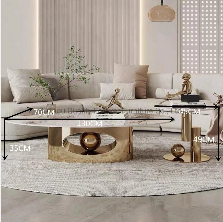 Mesa de café com tampo de pedra sinterizado e mesa de fundo Luxury Marble Aço inoxidável dourado moderno para sala de estar