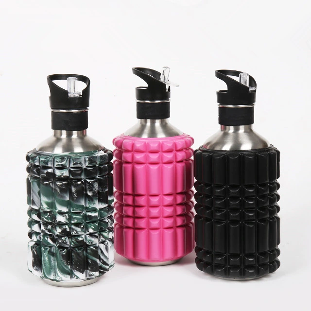 Große halbe Schaumstoffrolle Wasserflasche mit Paracord Griff &amp; Stroh - auslaufsicher BPA Free Fitness Sport Wasser Krug Cup