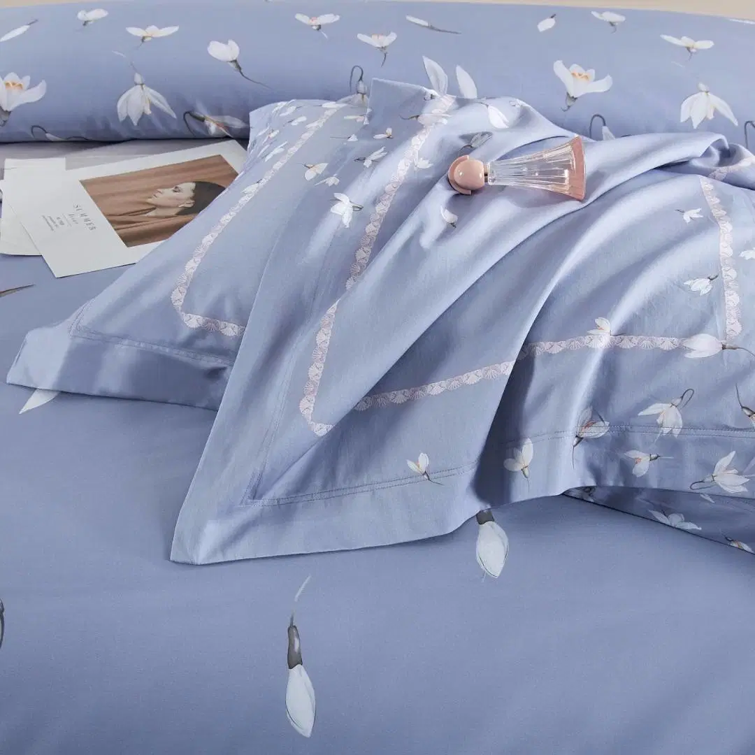 Beautiful Blue Printed Flowers Comforter Duvet Cover Satin 100% Cotton Home Textile Soft Pillow Shams King Size Bed Sheet Bedding Set