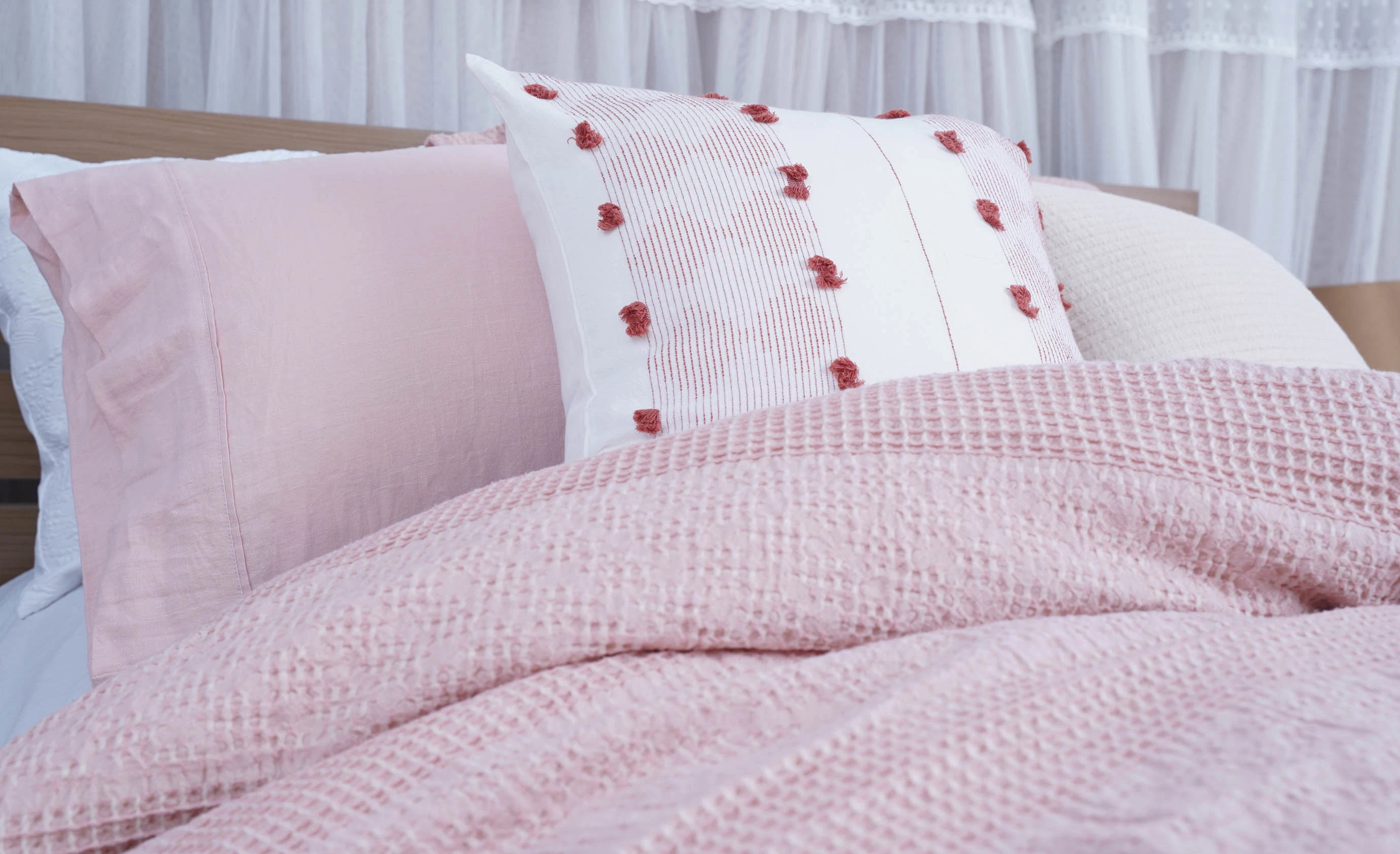 Parure de lit à motif gaufré rose 100 % coton housse de couette en coton Ensemble literie pour la maison certifiée Oeko Tex 100