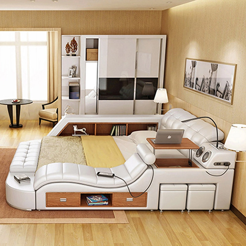 China Wholesale/Supplier multifuncional de lujo Muebles de dormitorio moderno Tatami Smart cama King Size con almacenamiento de cuero de masaje cama de matrimonio