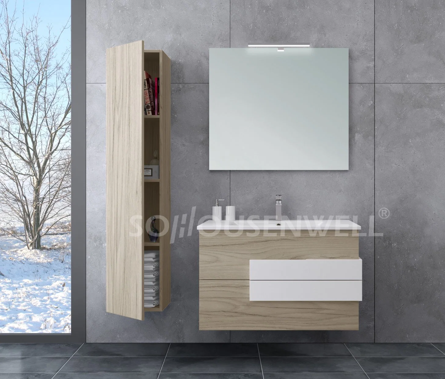 Wall Mounted High Gloss Painted Bathroom Furniture with LED Mirror