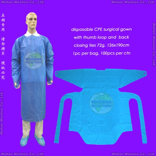 Medical Waterproof/Plastic CPE/Poly/PE/Scrub/Operation/PP/SMS Nonwoven Disposable Protective Isolation Surgical Gown for Doctor/Surgeon/Patient/Visitor/Hospital