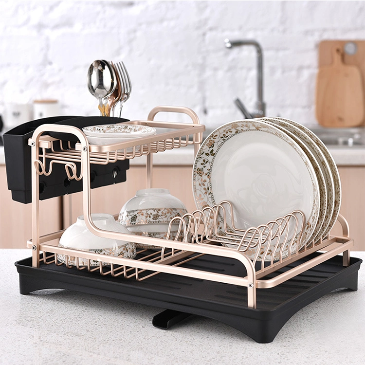 Double Layer Drain Bowl Rack Space Aluminum Dish Kitchen Drain Rack