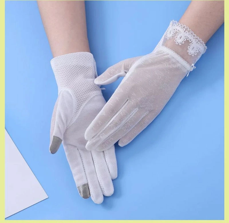 Women's Thin Sunscreen Driving Touch-Screen Ice-Silk Non-Slip Pure White Lace Ceremonial Gloves