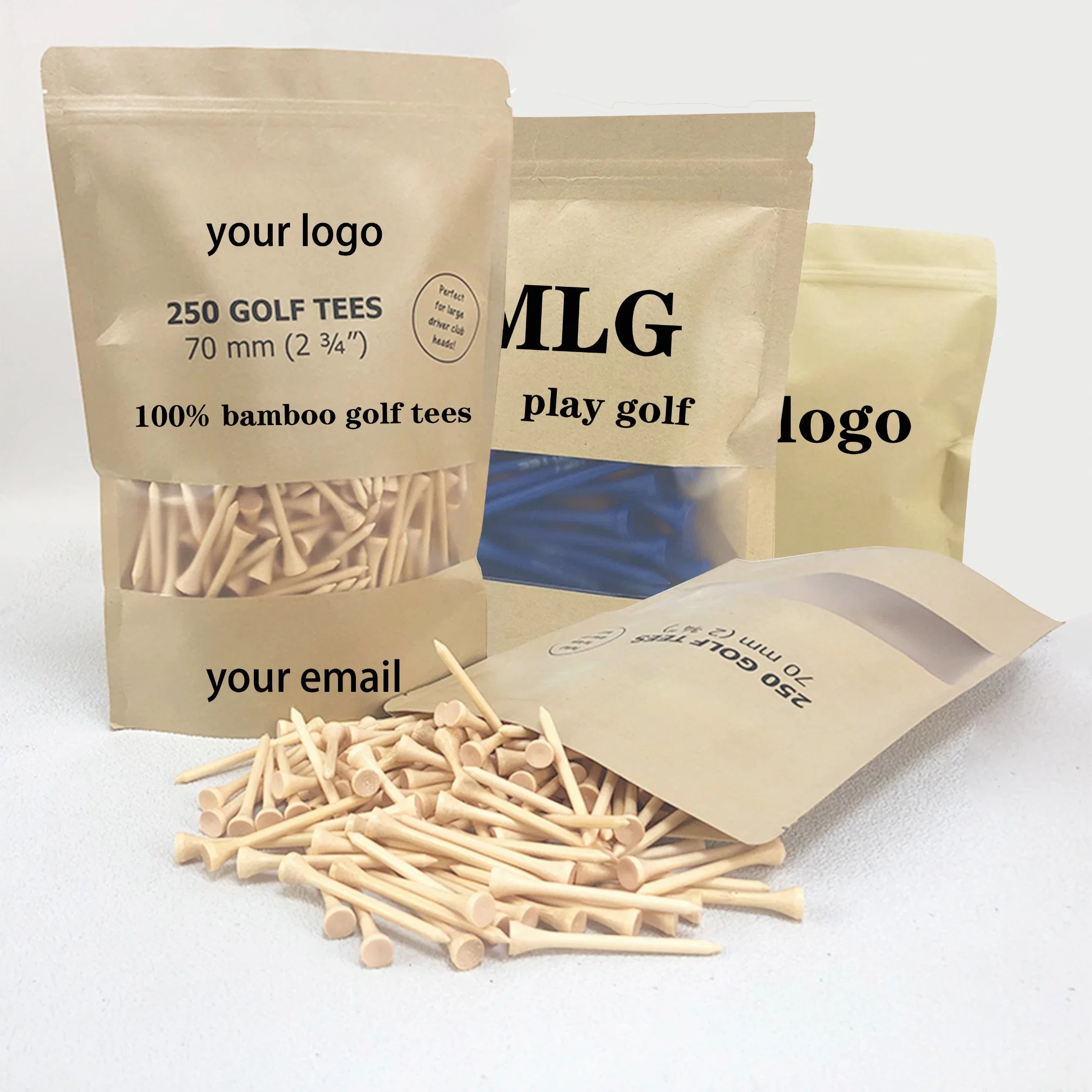 China Manufacturer Custom Logo Printed Color 70mm Bamboo Golf Tees with Bag Pack