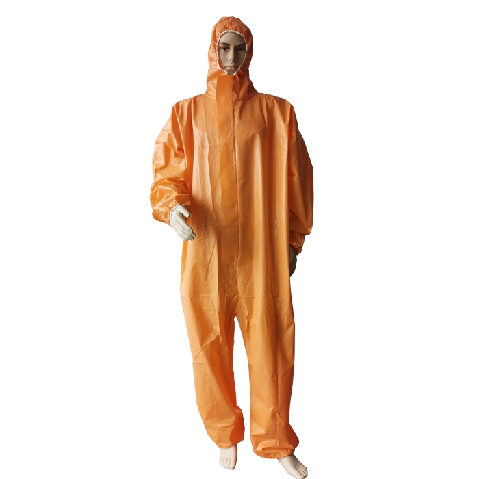 En14126 Orange Medical Disposable Coverall Protection Protective Coverall Suit 65GSM Level 4 Protective Clothing Hazard Suit Chemical Suit Without Shoe Cover