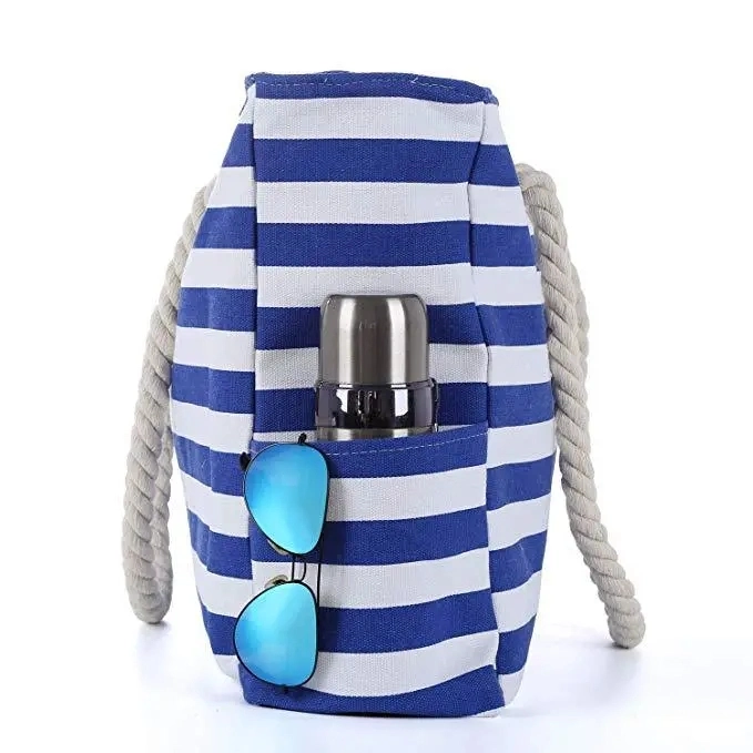 Large Beach Bag Waterproof Canvas Beach Tote with Top Zipper-6 Pockets