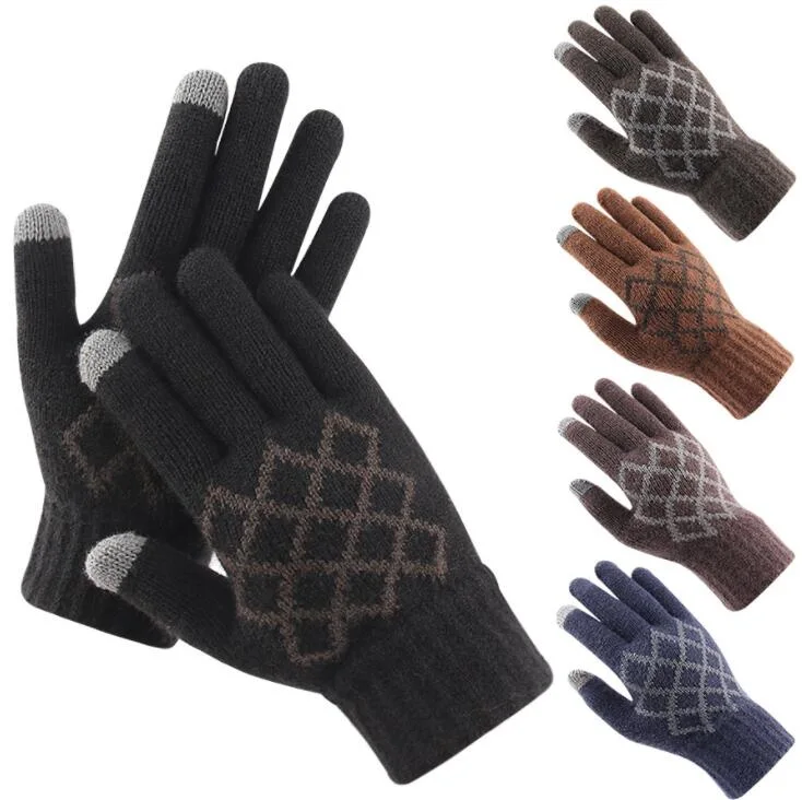 Mens Winter Warm Gloves Jacquard Custom Logo Touchscreen Thick Lining Knit Texting Gloves