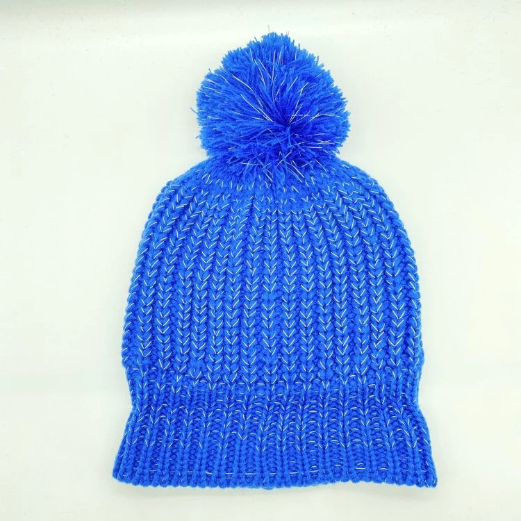 Fashion Adult Winter Warm Navy Reflective Yarn Fleece Lining Soft Knitted Beanie Hats with POM POM