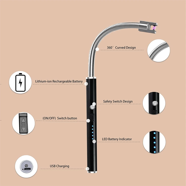 Amazon Hot Sell Wholesale/Supplier USB Rechargeable BBQ Arc Lighter Candle Electric Lighter with LED Battery Indicator