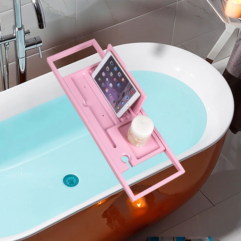 Top Quality Bamboo Bathtub Caddy Tray Pink Color Wine Glass & iPad Holder by Bambooware