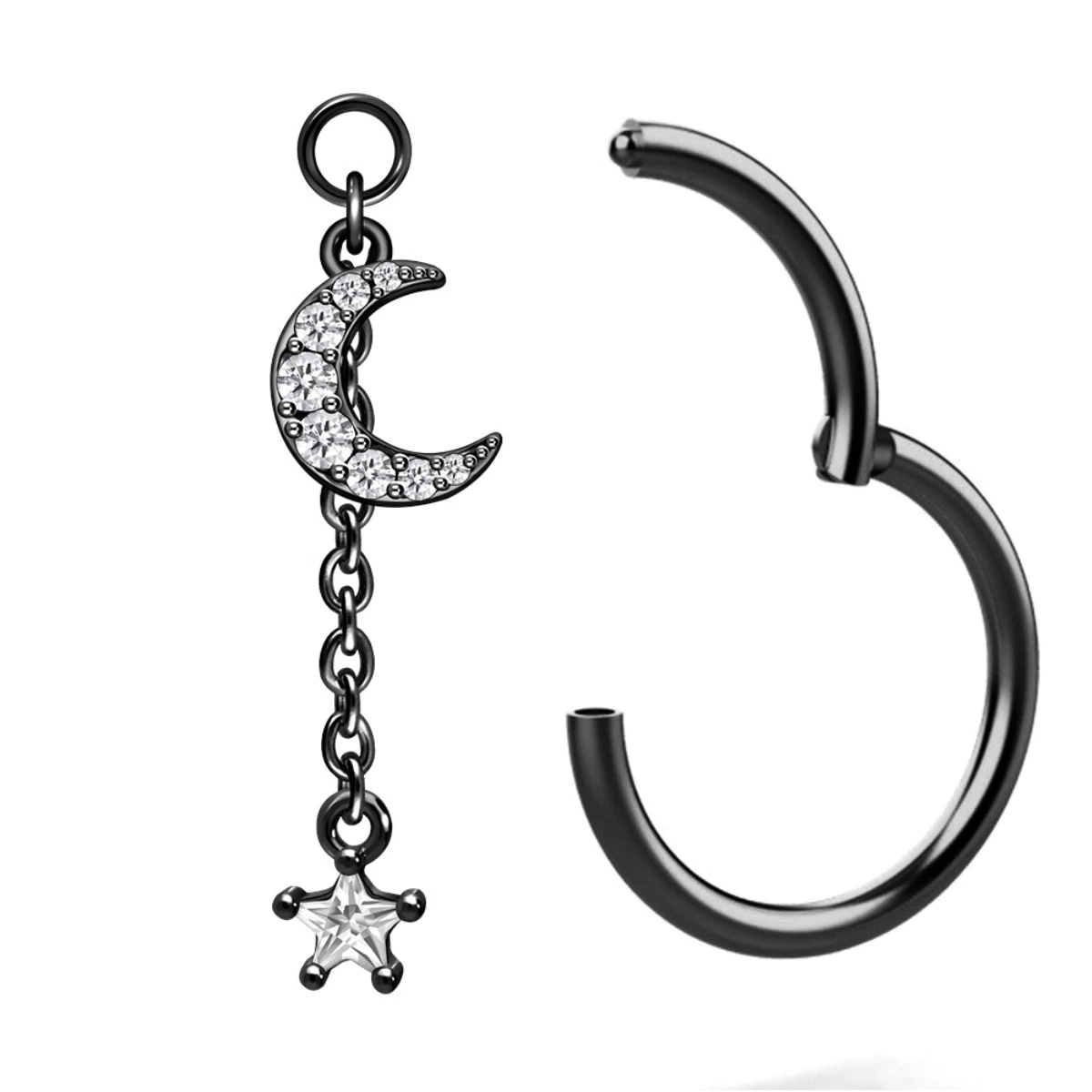 Crystal Moon + Crystal Star Surgical Steel Pendant for Ring Hoop Clicker