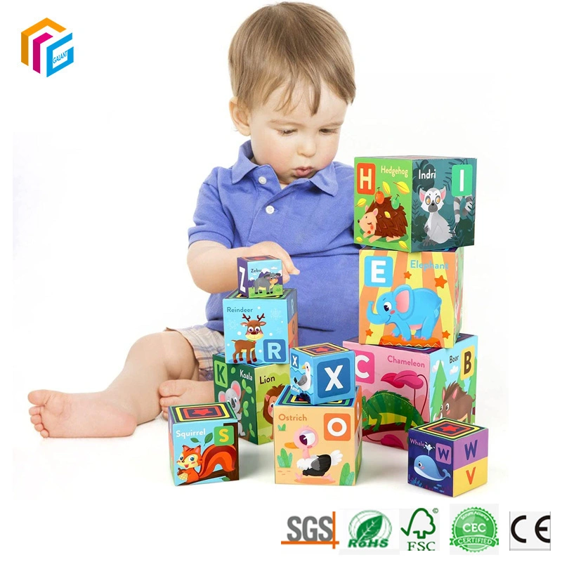 Multi Color personalizado de enseñanza aprendizaje preescolar Bloque de apilamiento de los niños Juego Animal de cartón los números de patrón de la iluminación de anidación de juguete cubo de apilamiento de verificación