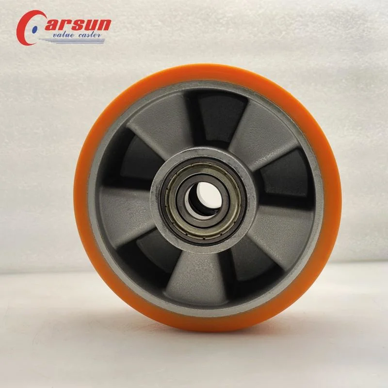 Yellow 5 Inch Double Ball Bearing Wheel Trolley Wheel Aluminium Core PU Industrial Heavy Duty Caster Wheels