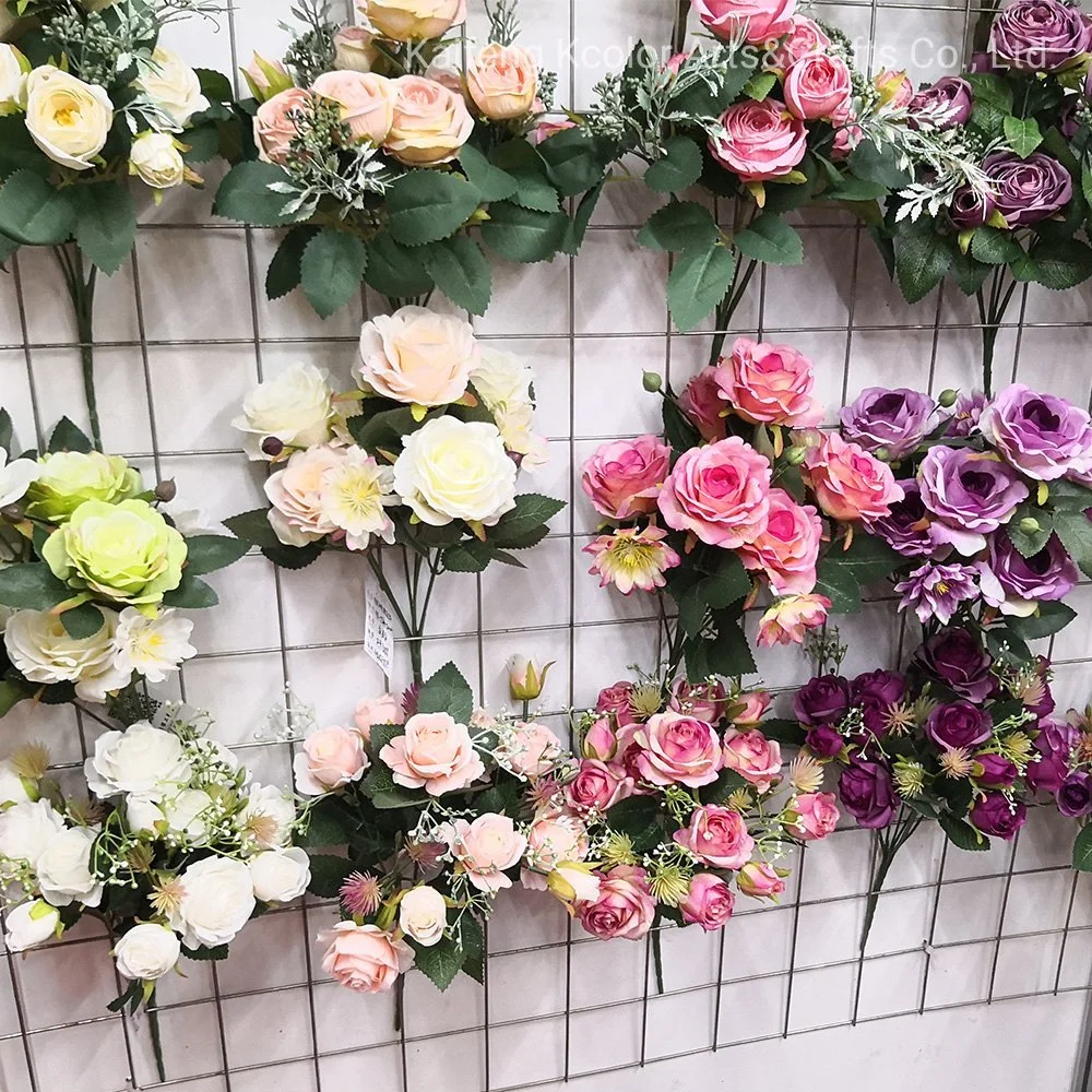 Comercio al por mayor de 7 ramas de flores de seda artificial decorativa Inicio Rose para la boda la decoración de flores