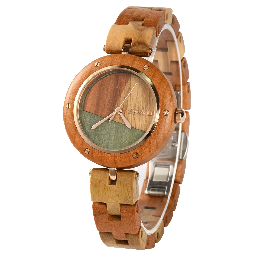 Bewell Geschenk Edelstahl Echtholz Schmuck Schnalle Dame Handgelenk Wood Watch