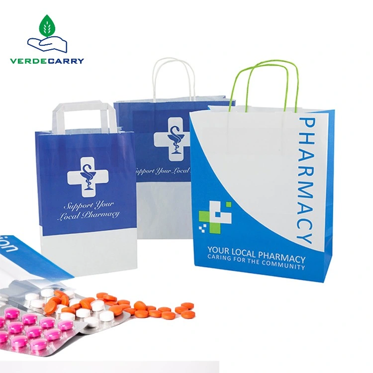 Custom Printed Logo Pharmacy Medical Sickness with Handles Carrier White Kraft Paper Bags for Medicine