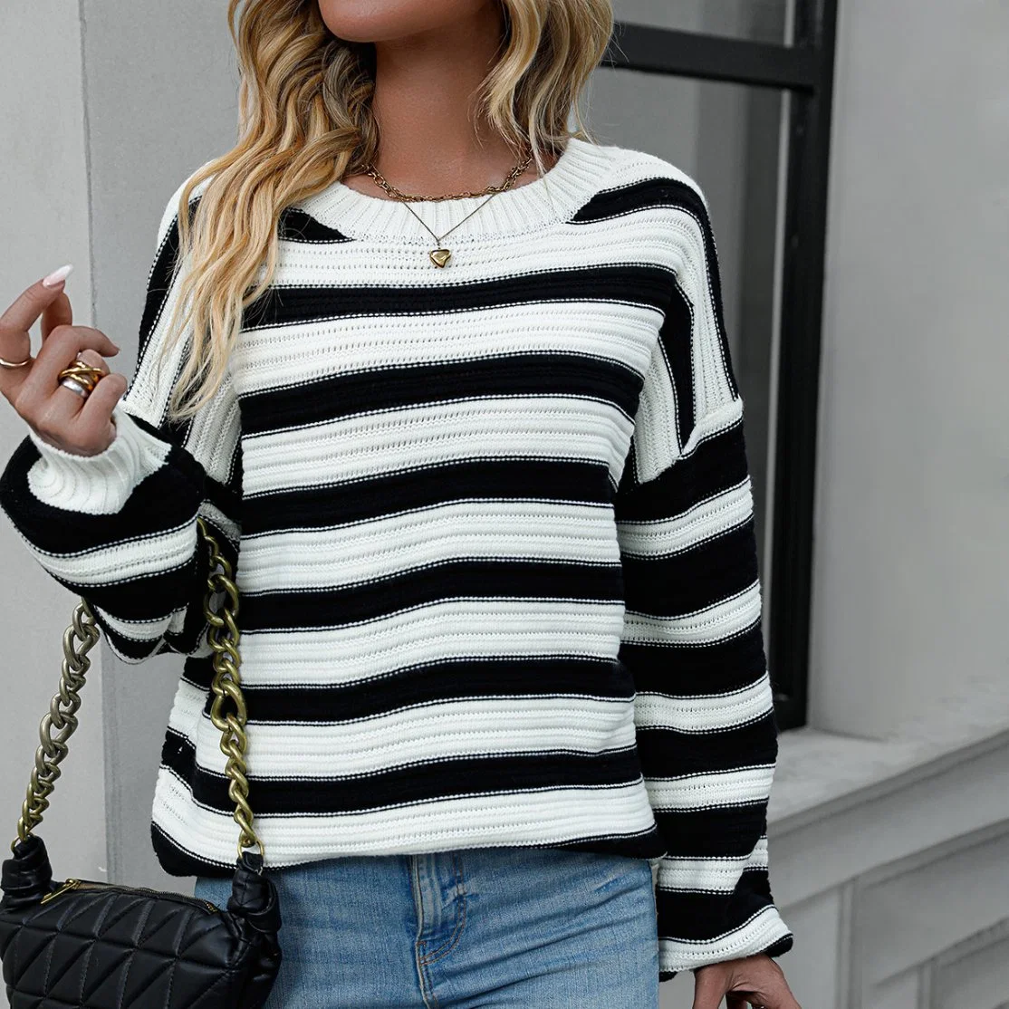 Women's 2023 Fall Winter Crew Neck Knitted Long Sleeve Striped Color Block Loose Pullover Tops Sweater
