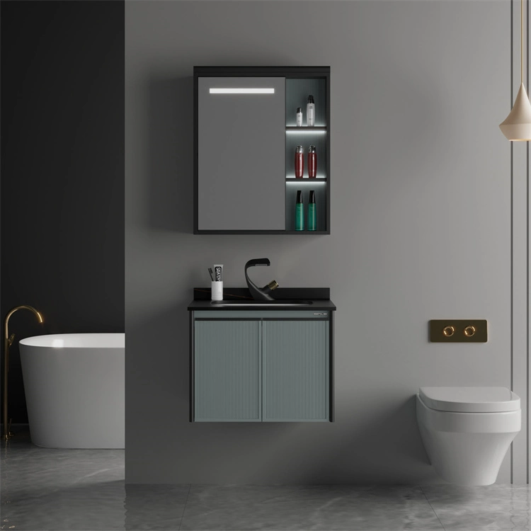 Wall Mounted Storage Mirror Cabinet with Induction Lamp Modern Bathroom Vanity Cabinet with Artificial Stone Basin