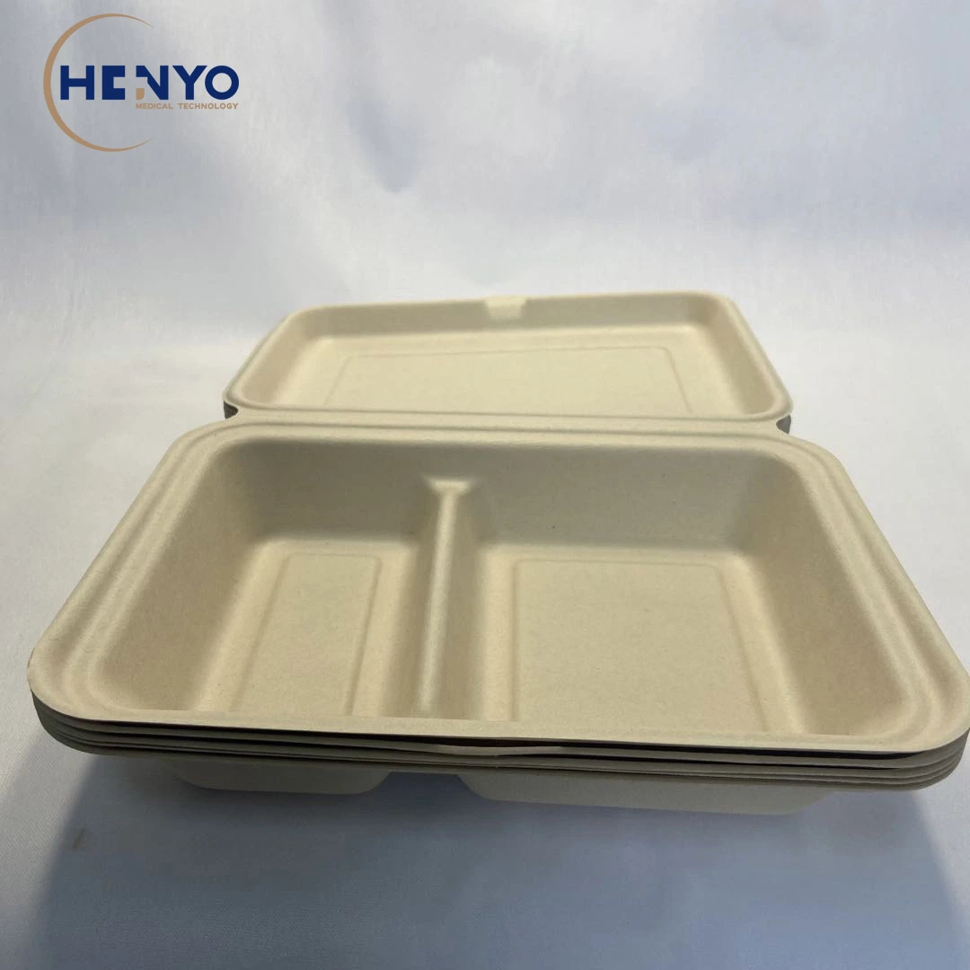 9 * 6 Two-Compartment Double-Compartment pasta de caña de azúcar desechables Compostable Lunch Box Caja de comida para llevar