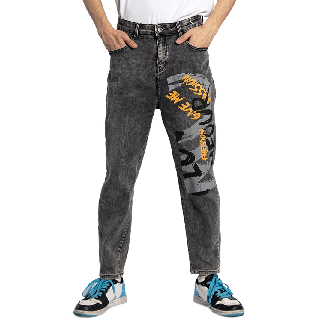 Brand Logo Printing Graphic Grey Tapered Fashion Men's Jean