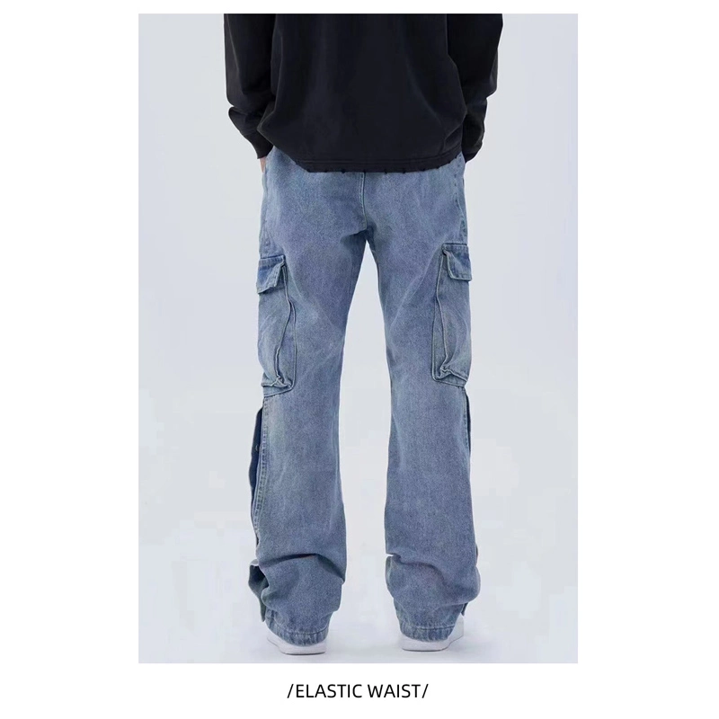 High Street Breasted vaqueros lavados retro de los hombres europeos y americanos de Hip Hop Multi-Bag tendencia Casual suelto Todo el utillaje de pantalones de pierna (CFJPM009) (CFJPM009)