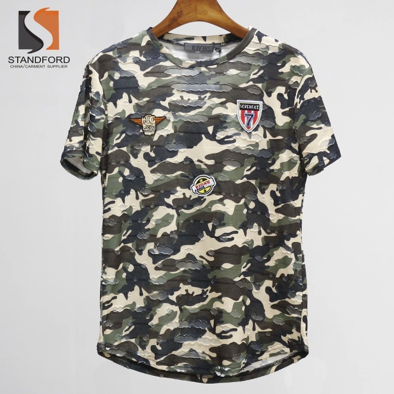 Mens Hipster Hip Hop Ripped Round Hemline Camouflage T Shirt