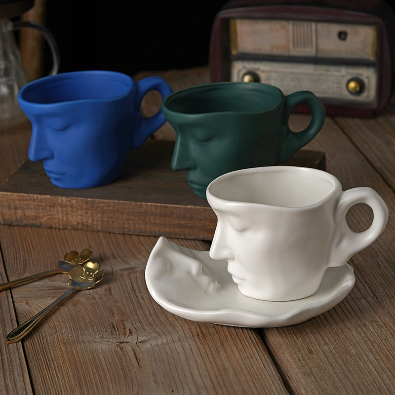 Ceramic 3D Human Face Mug & Saucer Set with Flower Spoon for Lovers