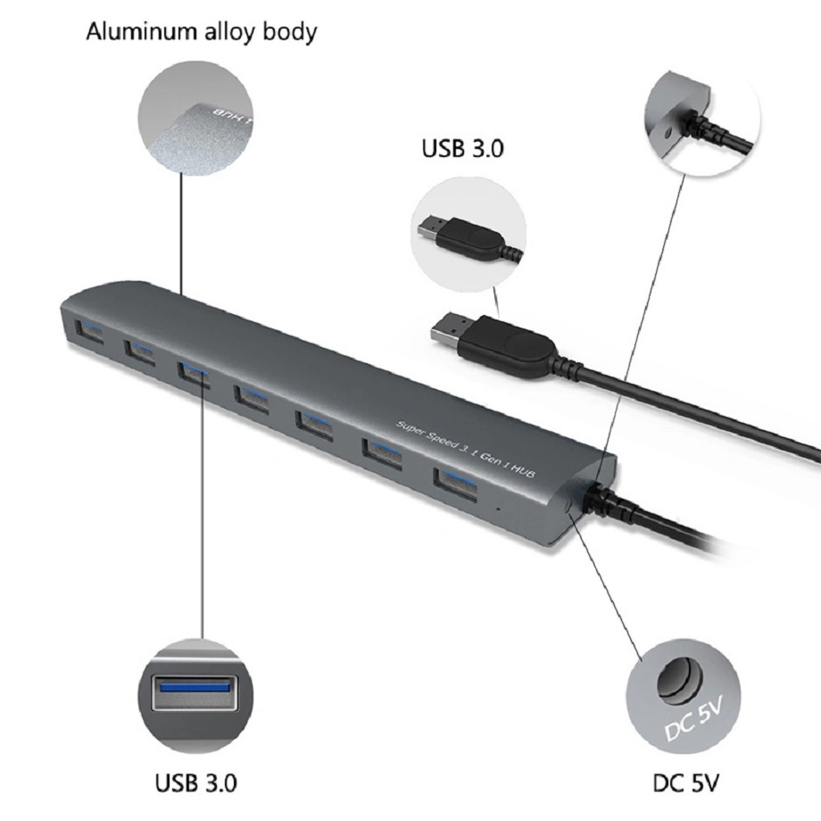 7-Port USB3.0 Aluminum Hub with Power Adapter