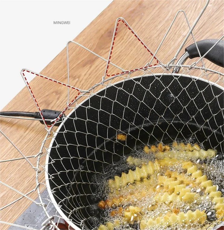 Mingwei 304 Stainless Steel Folding Strainer Basket New Telescopic Deep Frying Basket Can Be Used for Fries Fried Chicken Thighs