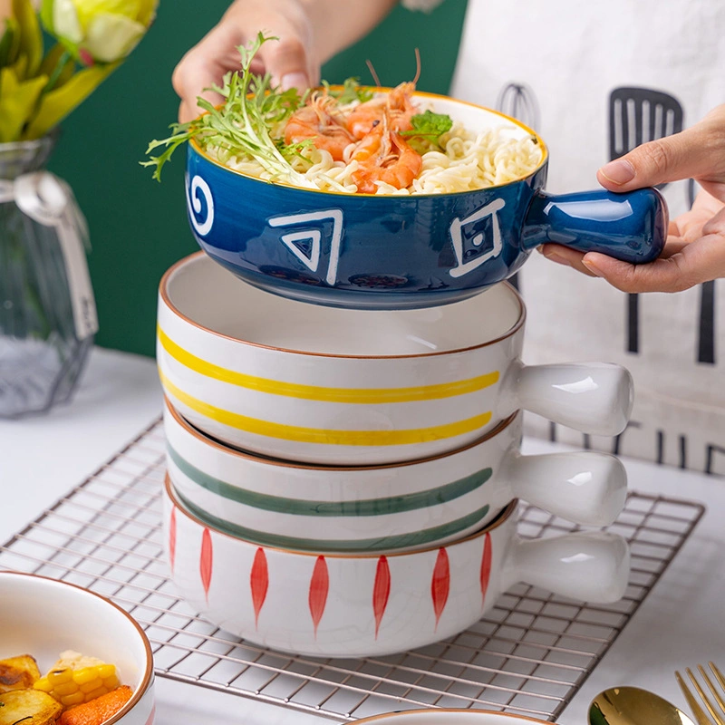 Ensemble cadeau pour soupe de salade avec couvercle et poignée, ensemble de bols de service pour fruits de riz Ramen en sauce grès personnalisée