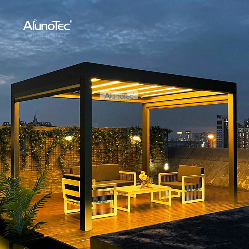 AlunoTec aluminio pergola pergola 4x4 Motorized Patio ajustable Gazebo absorber UV Struxure Canopies de playa al aire libre