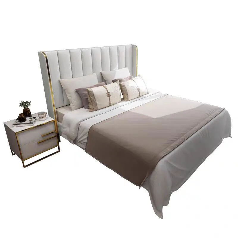 European Modern Light Luxury Stainless Steel Beds Queen Size Bed Luxury King Size Leather Bed