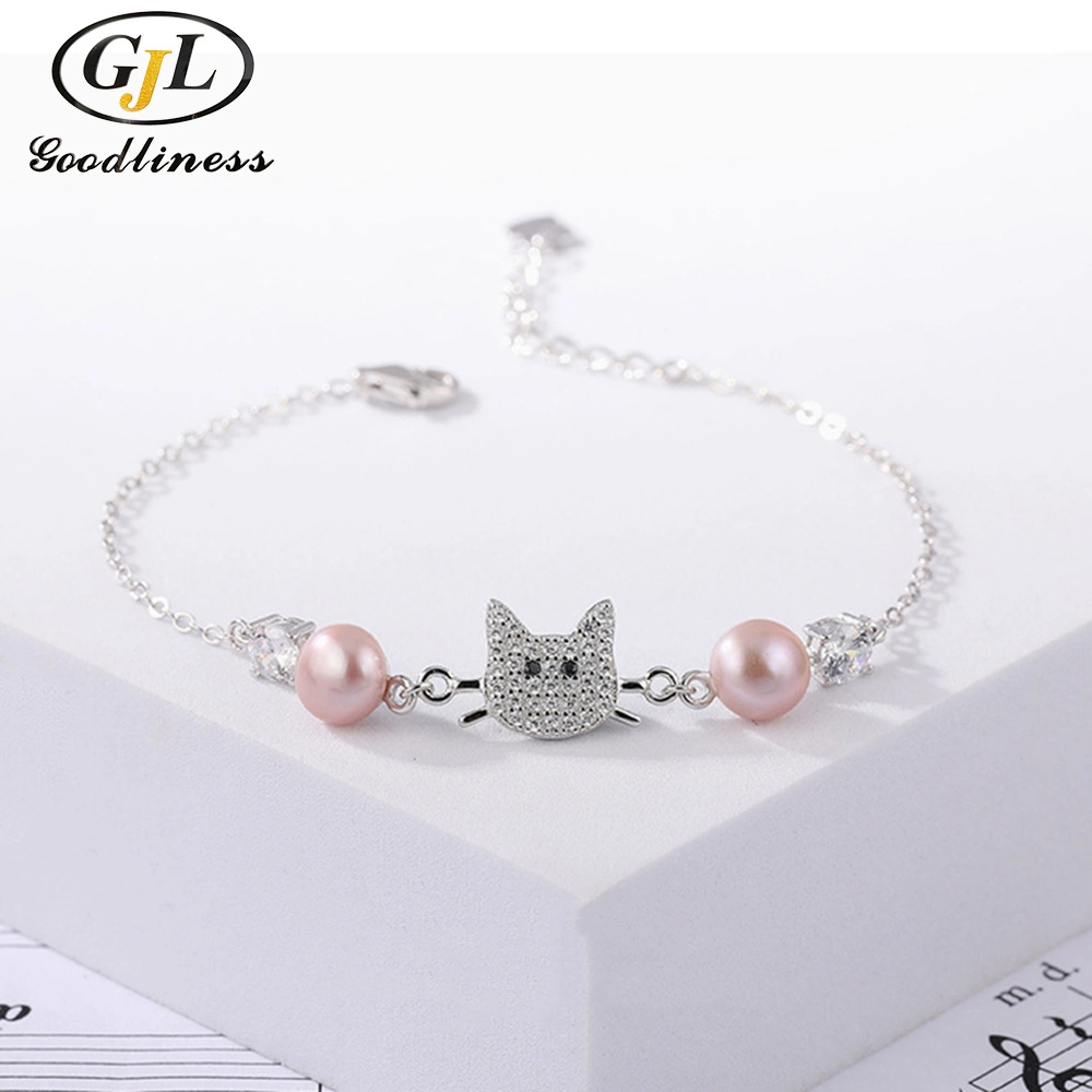 Kpop Style Freshwater Pearl Cat Bracelet for Girls Silver 925